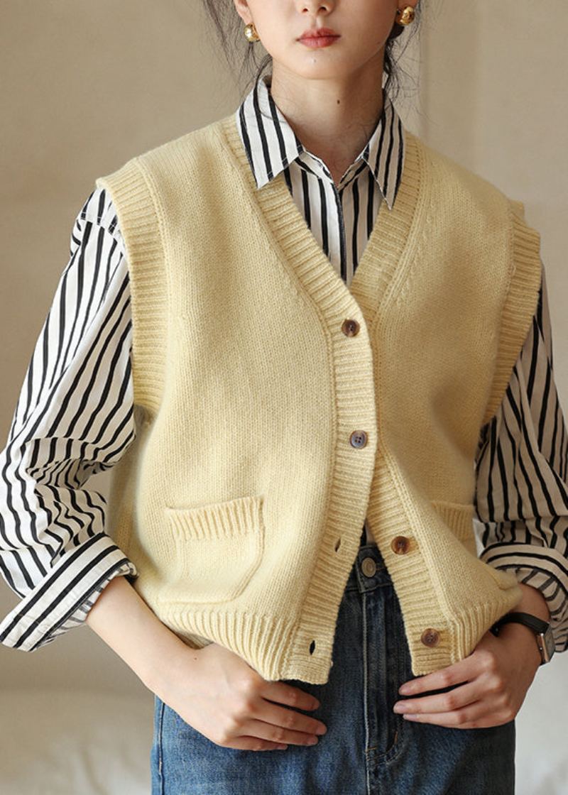 Nouveau Jaune Col En V Bouton Patchwork Laine Tricot Gilet Sans Manches - Manteaux en laine femmes