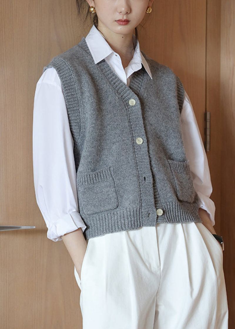 Nouveau Jaune Col En V Bouton Patchwork Laine Tricot Gilet Sans Manches - Manteaux en laine femmes