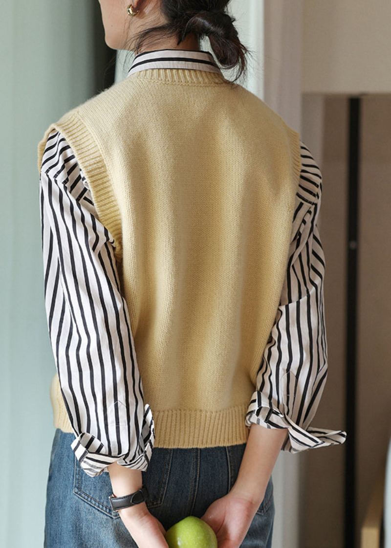 Nouveau Jaune Col En V Bouton Patchwork Laine Tricot Gilet Sans Manches - Manteaux en laine femmes
