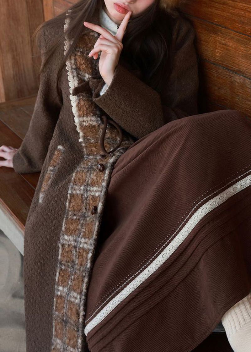 Nouveau Marron Col Claudine Poches Patchwork Manteau En Laine Hiver - Manteaux en laine femmes