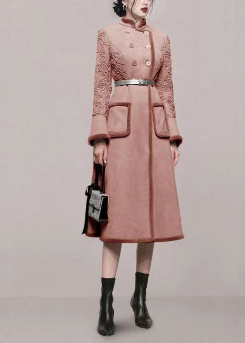 Nouveau Rose Col Montant Poches Cravate Taille Polaire Laine Doublé Trench Hiver - Manteaux en laine femmes