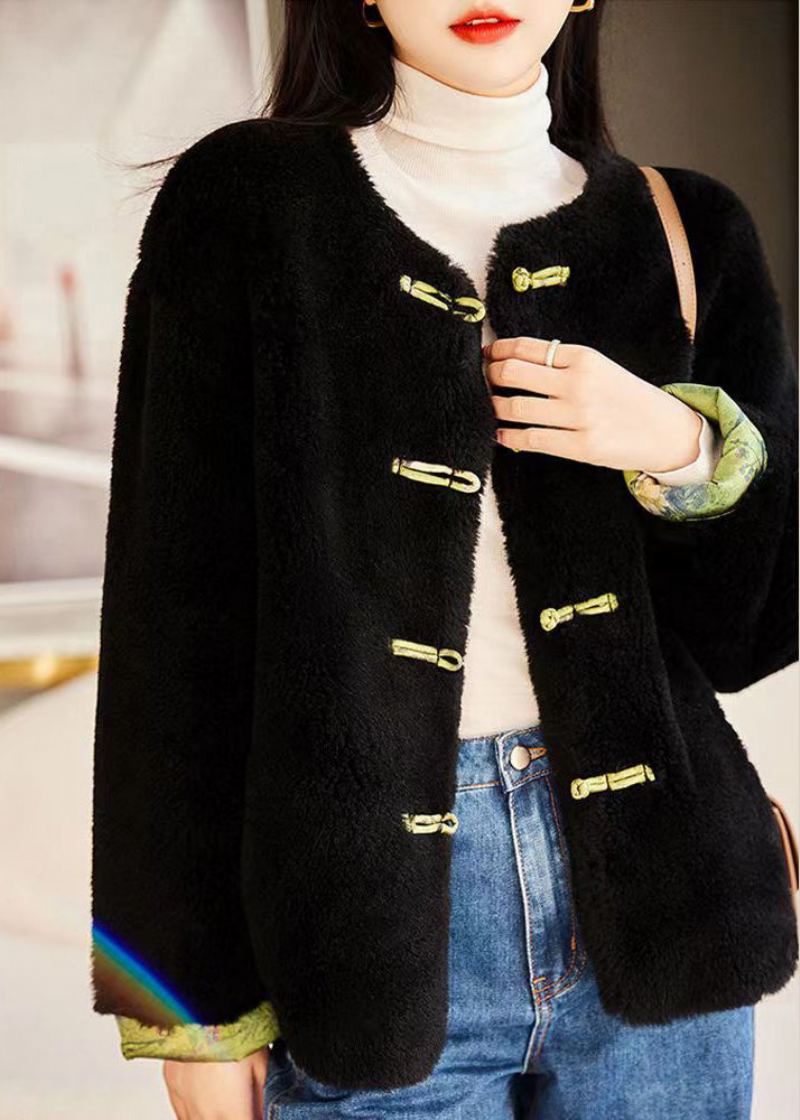Original Blanc O Cou Chinois Bouton Patchwork Laine Manteaux Hiver - Manteaux en laine femmes