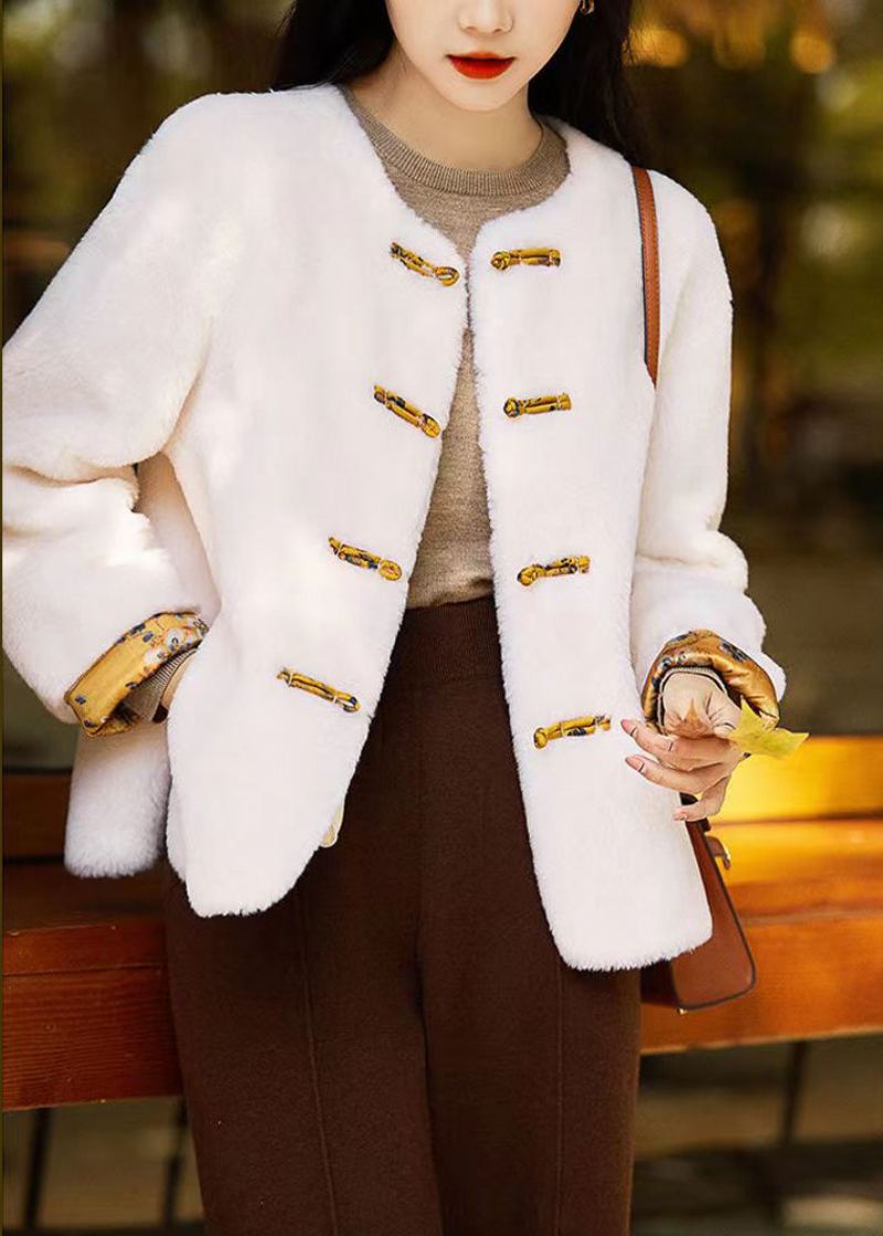 Original Blanc O Cou Chinois Bouton Patchwork Laine Manteaux Hiver - Manteaux en laine femmes