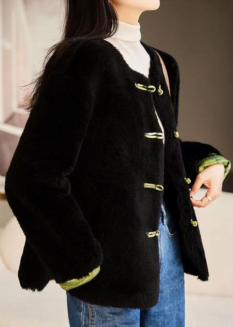 Original Blanc O Cou Chinois Bouton Patchwork Laine Manteaux Hiver - Manteaux en laine femmes