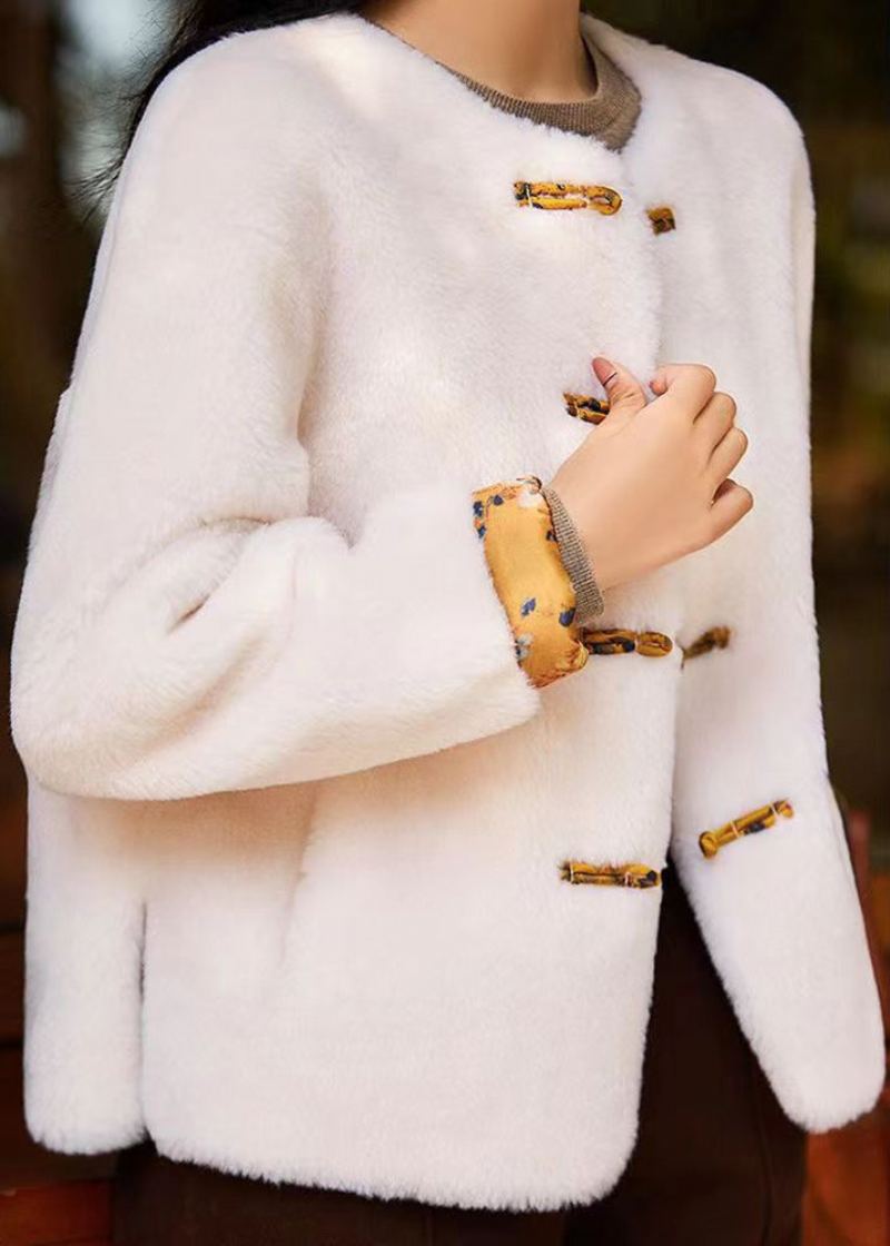 Original Blanc O Cou Chinois Bouton Patchwork Laine Manteaux Hiver - Manteaux en laine femmes