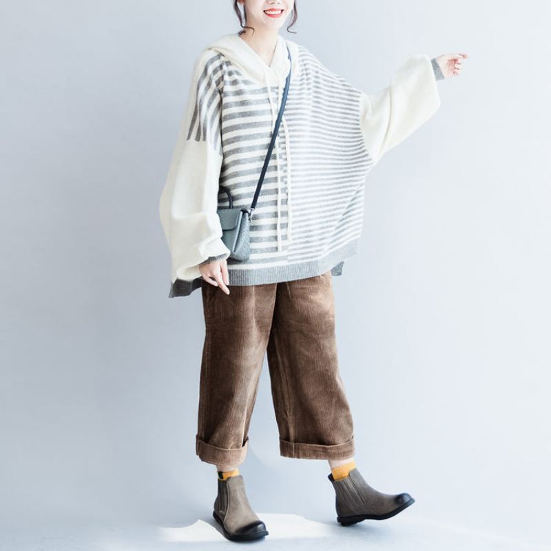 Pull En Laine À Capuche Rayé Patchwork Grande Taille Décontracté Manches Longues Hauts En Tricot Nouvelle Collection Hiver - Manteaux en laine femmes