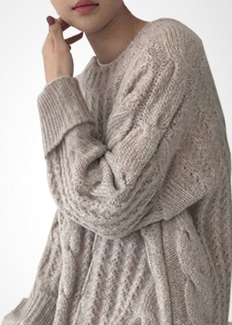 Pull Long En Tricot Torsadé En Laine Beige Français Col Rond Ouvert Sur Le Côté Hiver - Manteaux en laine femmes