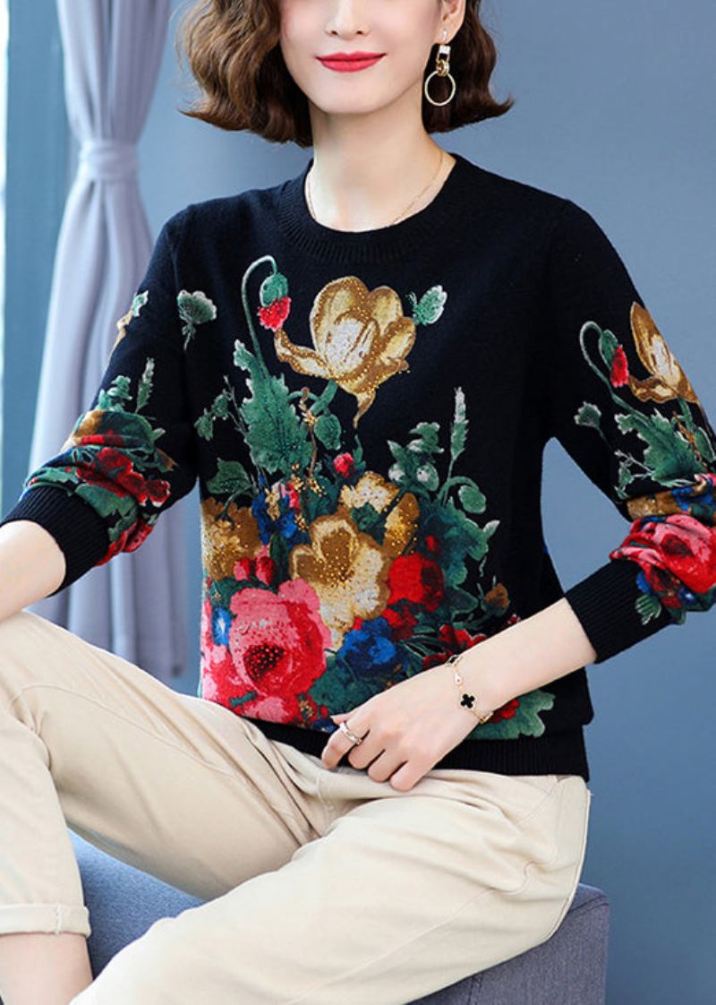 Pull En Tricot De Laine Imprimé Noir À Col Rond Pour Femme À Manches Longues - Manteaux en laine femmes