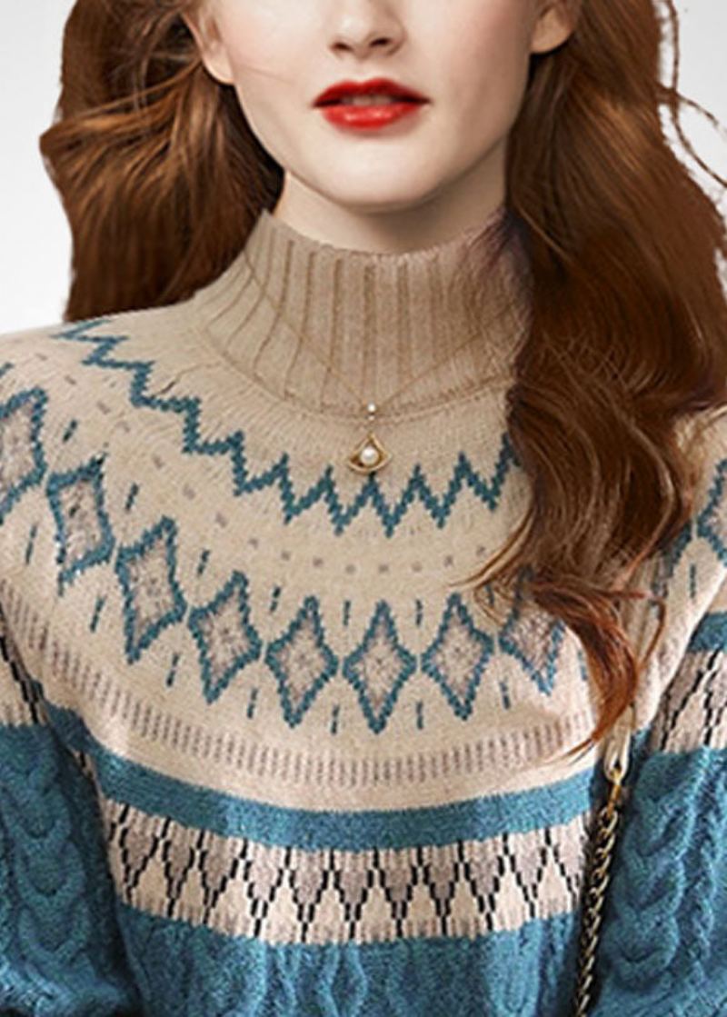 Pulls En Tricot Torsadé En Laine Imprimé Col Haut Bleu Élégant Hiver - Manteaux en laine femmes