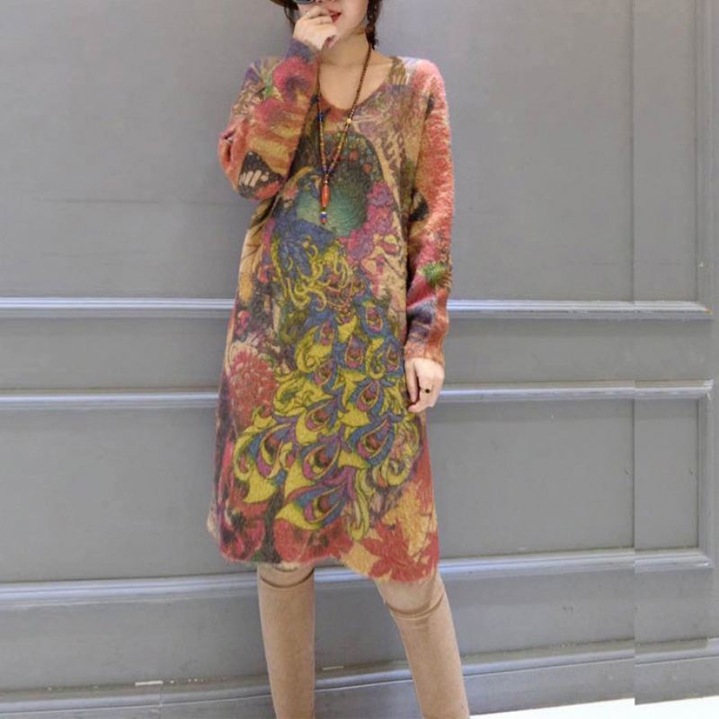 Robe Pull En Laine Élastique Vintage Ample Imprimé Phénix Décontractée En Tricot Confortable Pour Femmes 2024 - Manteaux en laine femmes