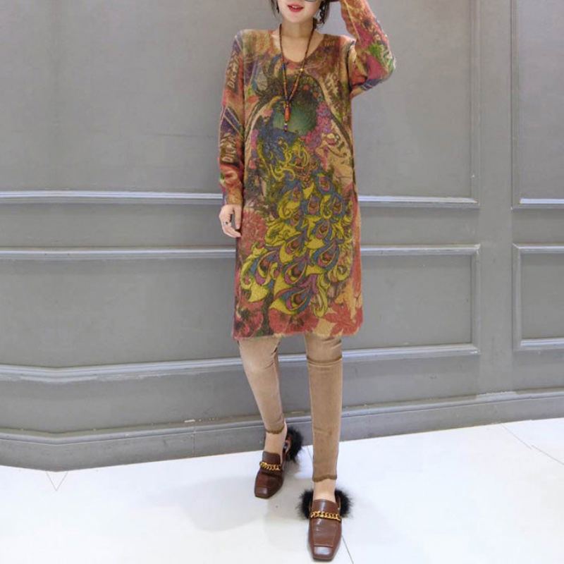 Robe Pull En Laine Élastique Vintage Ample Imprimé Phénix Décontractée En Tricot Confortable Pour Femmes 2024 - Manteaux en laine femmes