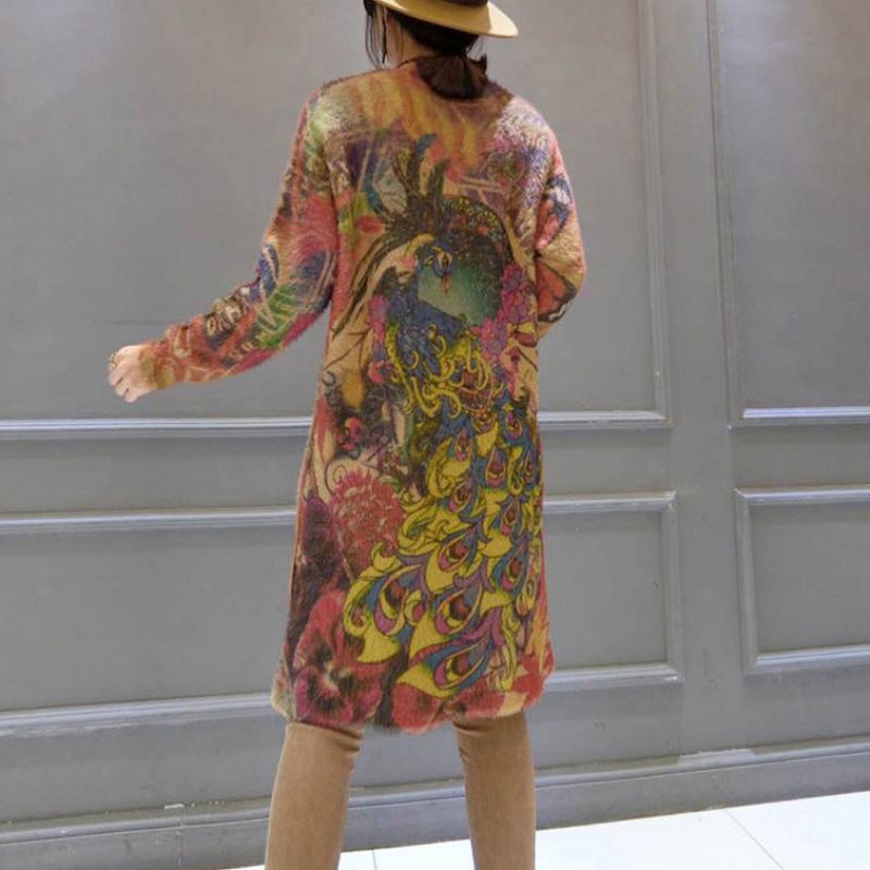 Robe Pull En Laine Élastique Vintage Ample Imprimé Phénix Décontractée En Tricot Confortable Pour Femmes 2024 - Manteaux en laine femmes