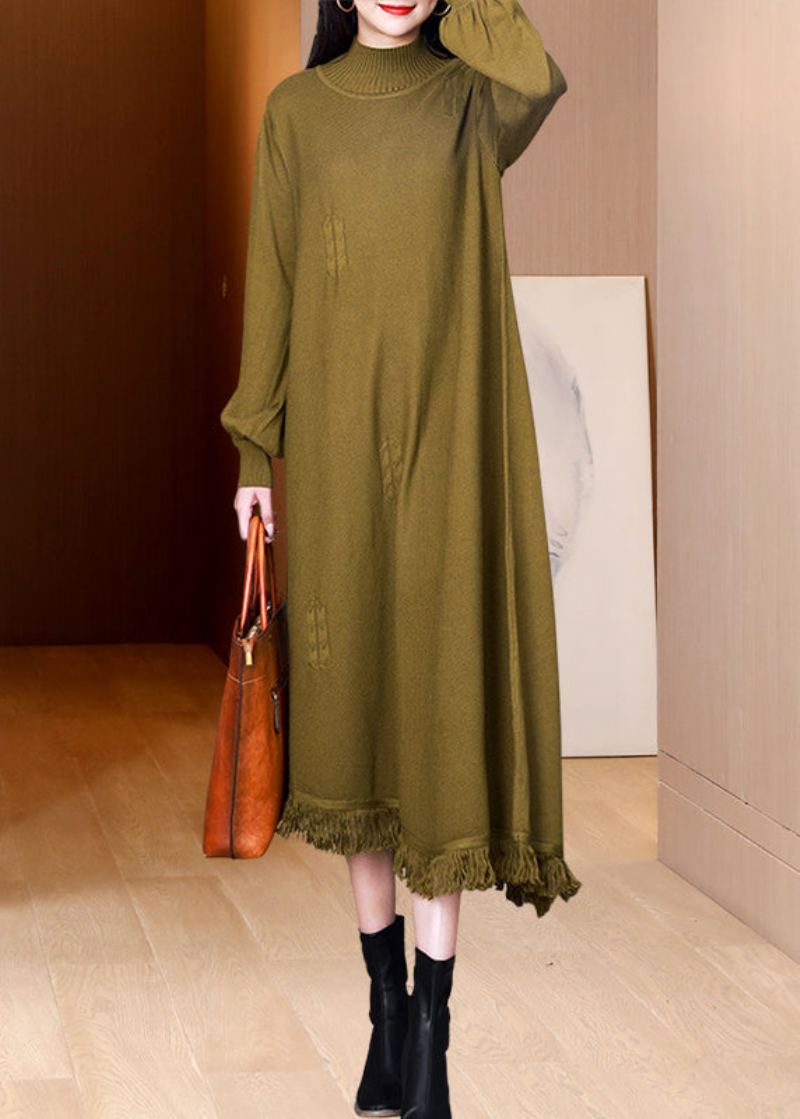 Robe En Tricot De Laine Asymétrique À Glands Et Patchwork De Chocolat Français Hiver - Manteaux en laine femmes