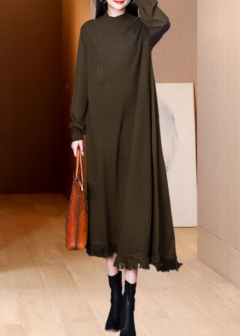 Robe En Tricot De Laine Asymétrique À Glands Et Patchwork De Chocolat Français Hiver - Manteaux en laine femmes