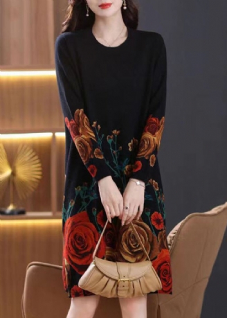 Robes Françaises Noires En Tricot De Laine Col Rond Imprimé Printemps