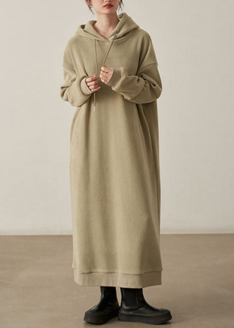 Robes Longues En Laine Kaki Amples Avec Poches À Capuche Automne