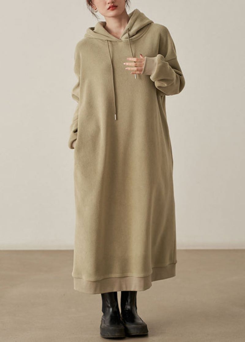Robes Longues En Laine Kaki Amples Avec Poches À Capuche Automne - Manteaux en laine femmes