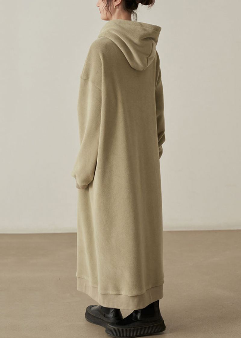 Robes Longues En Laine Kaki Amples Avec Poches À Capuche Automne - Manteaux en laine femmes