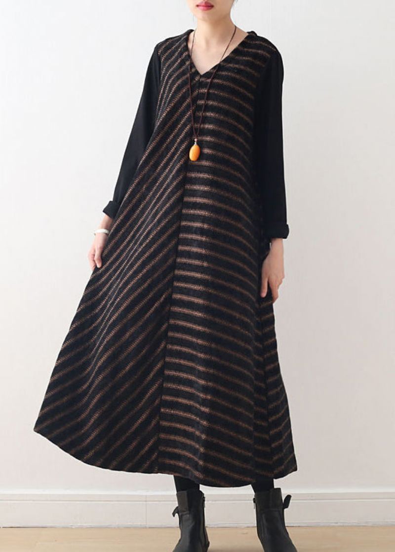 Robes Longues En Laine Rayées À Col En V Chocolat Simples Automne