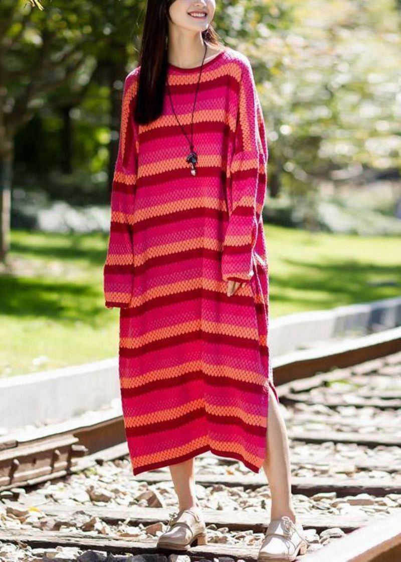 Robes Pull Refashionstripe Robe En Laine Fendue À Manches Longues - Manteaux en laine femmes