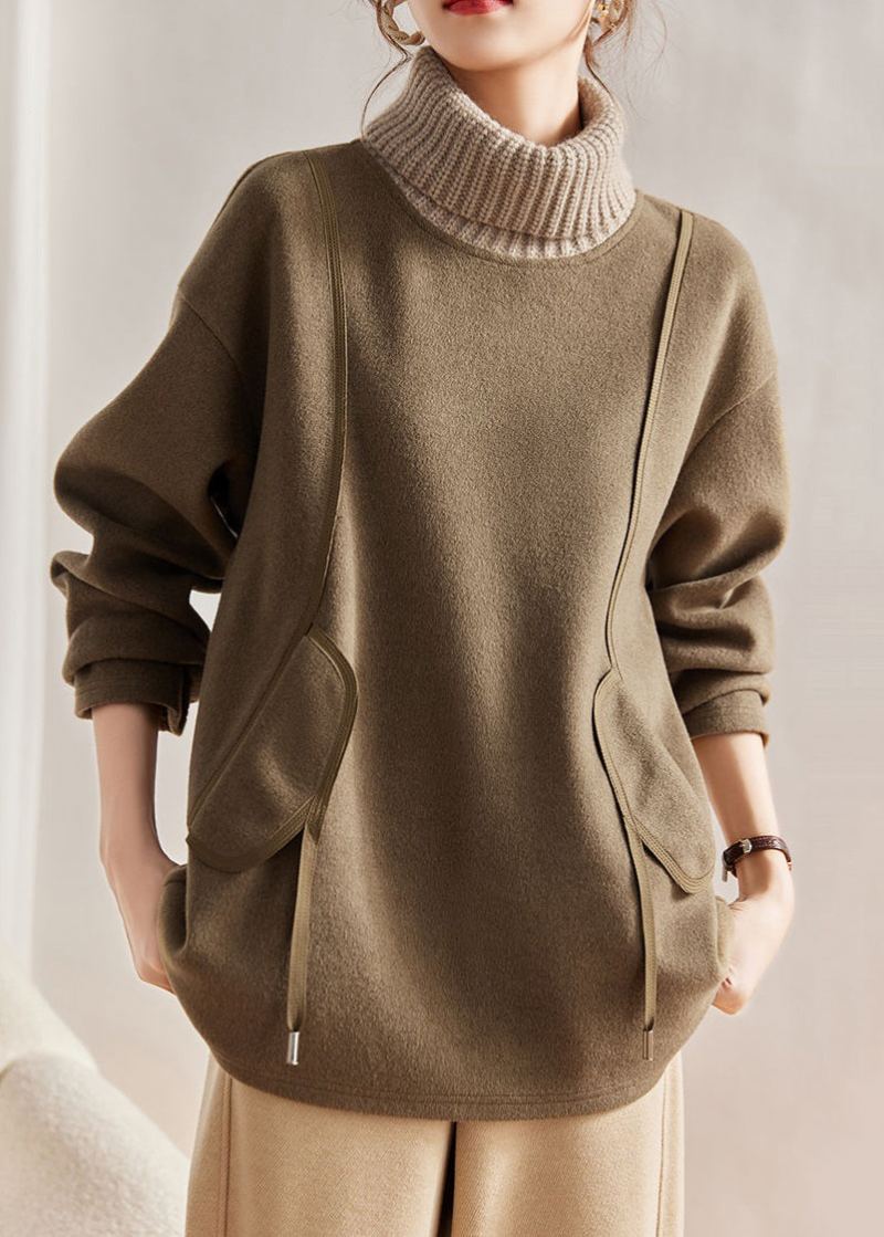 Sweat-shirt En Laine À Col Roulé Kaki Ample Tricot Patchwork Manches Longues - Manteaux en laine femmes
