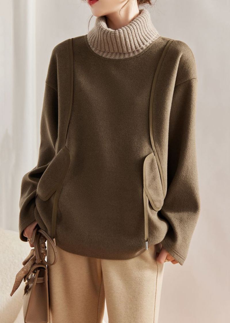 Sweat-shirt En Laine À Col Roulé Kaki Ample Tricot Patchwork Manches Longues - Manteaux en laine femmes