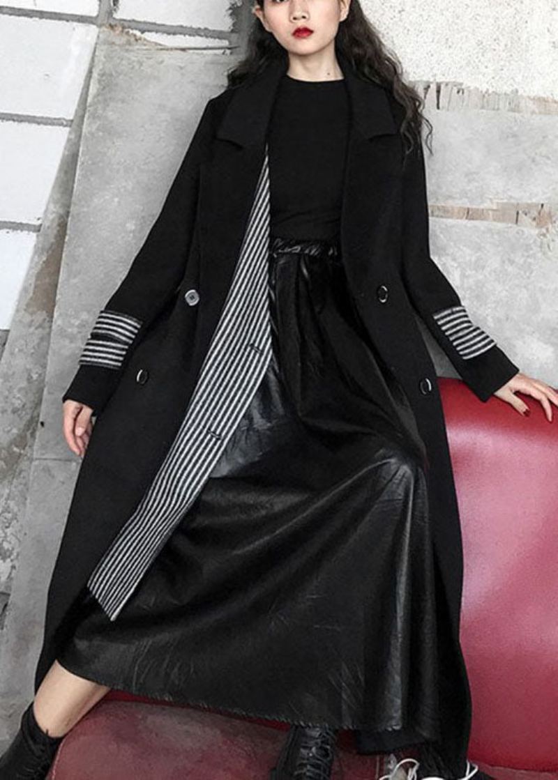 Unique Noir Col Claudine Poches Rayé Patchwork Laine Manteaux Printemps - Manteaux en laine femmes