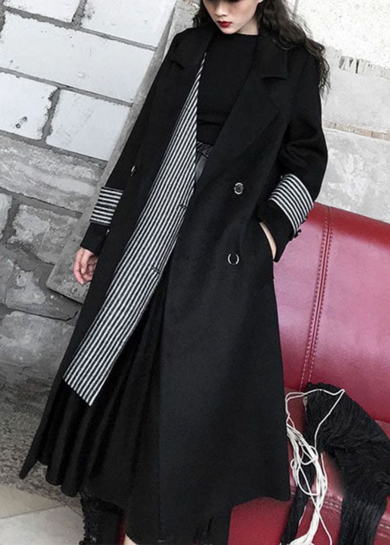 Unique Noir Col Claudine Poches Rayé Patchwork Laine Manteaux Printemps - Manteaux en laine femmes