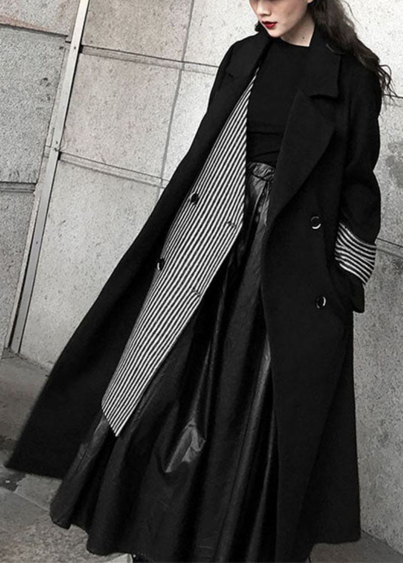 Unique Noir Col Claudine Poches Rayé Patchwork Laine Manteaux Printemps - Manteaux en laine femmes