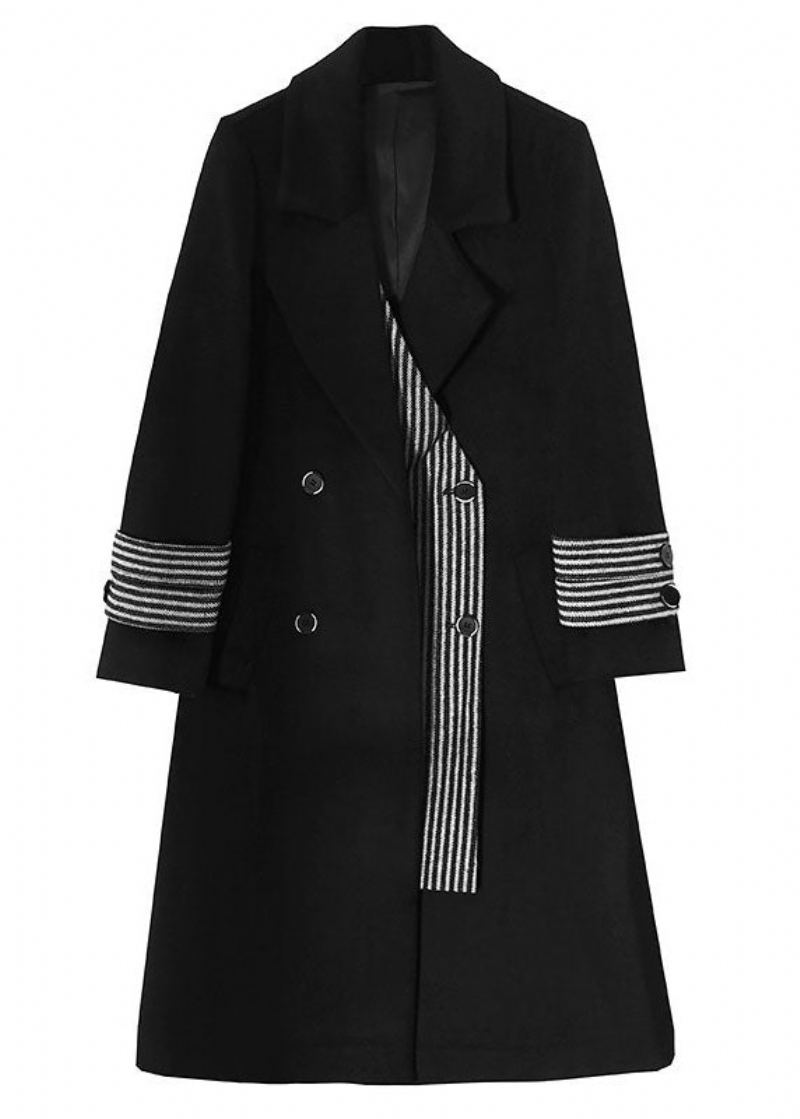 Unique Noir Col Claudine Poches Rayé Patchwork Laine Manteaux Printemps - Manteaux en laine femmes
