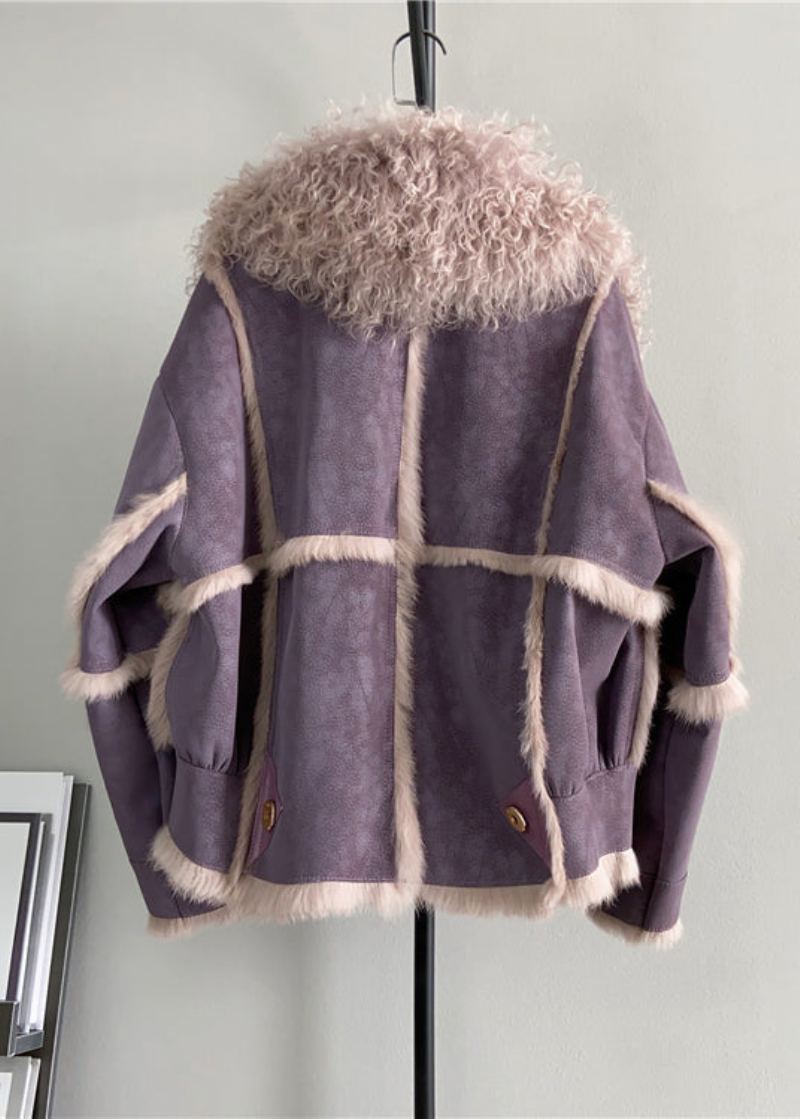Veste D'hiver En Cuir Et Fourrure Col En Laine Violet Français Patchwork - Manteaux en laine femmes