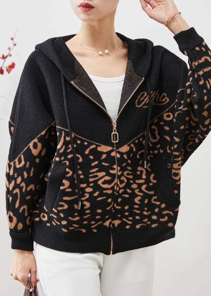 Vestes En Laine À Imprimé Léopard Noir À Capuche Printemps - Manteaux en laine femmes