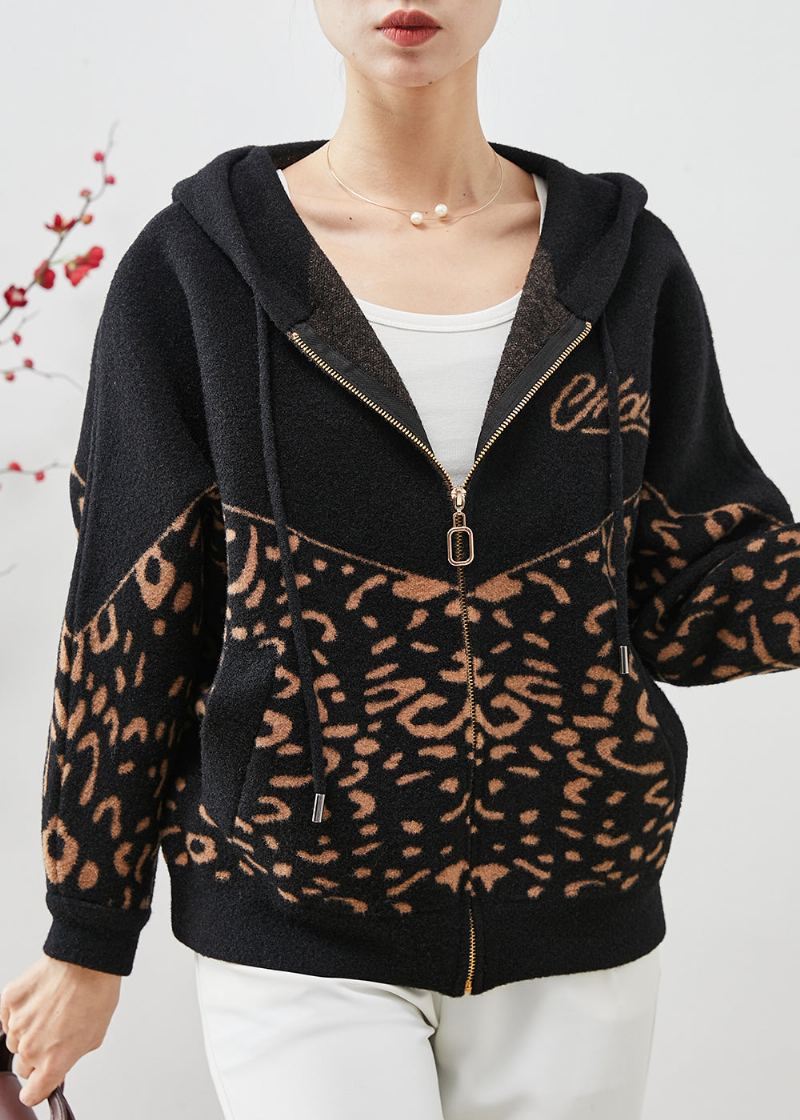 Vestes En Laine À Imprimé Léopard Noir À Capuche Printemps - Manteaux en laine femmes