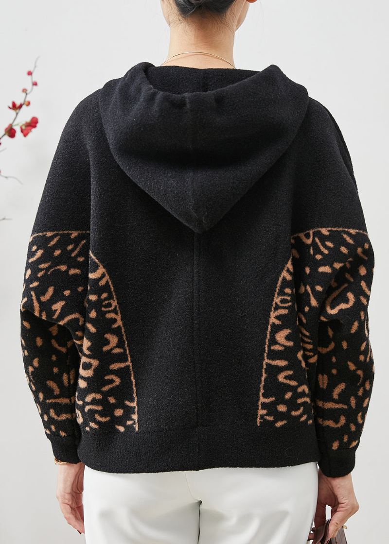 Vestes En Laine À Imprimé Léopard Noir À Capuche Printemps - Manteaux en laine femmes