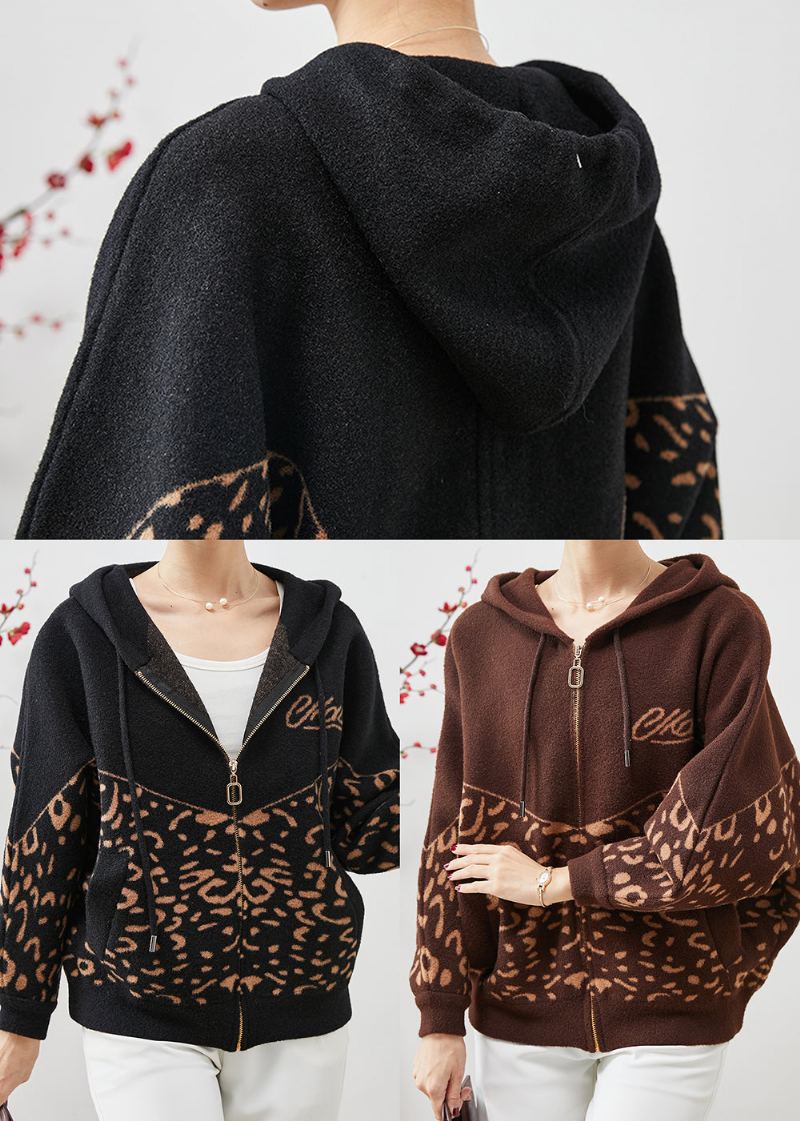 Vestes En Laine À Imprimé Léopard Noir À Capuche Printemps - Manteaux en laine femmes