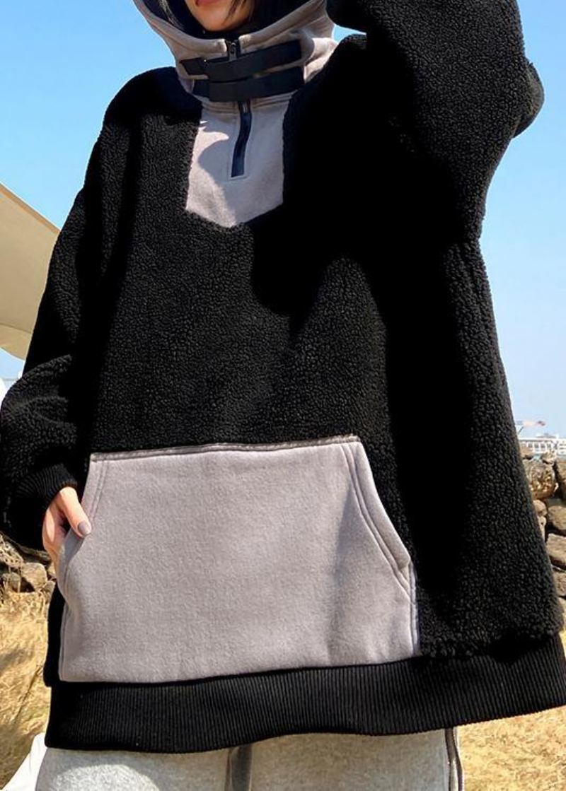 Vêtements De Printemps À Capuche Et Fermeture Éclair Pour Femmes Hauts Noirs En Laine Floue - Manteaux en laine femmes
