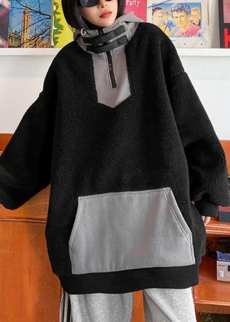 Vêtements De Printemps À Capuche Et Fermeture Éclair Pour Femmes Hauts Noirs En Laine Floue - Manteaux en laine femmes