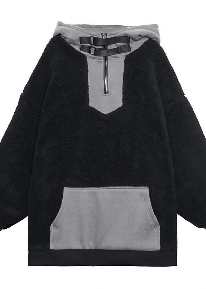 Vêtements De Printemps À Capuche Et Fermeture Éclair Pour Femmes Hauts Noirs En Laine Floue - Manteaux en laine femmes