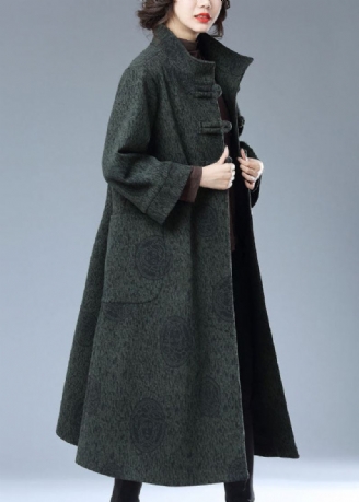 Vintage Vert Chinois Bouton Imprimé Poches Patchwork Laine Longue Trench Manteau Automne