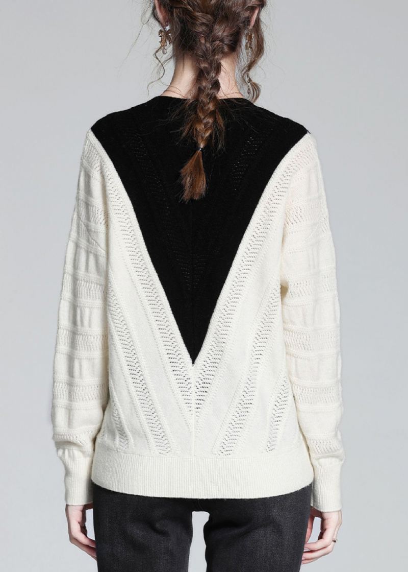 Vogue Blanc Col En V Épais Patchwork Pulls En Laine Printemps - Manteaux en laine femmes