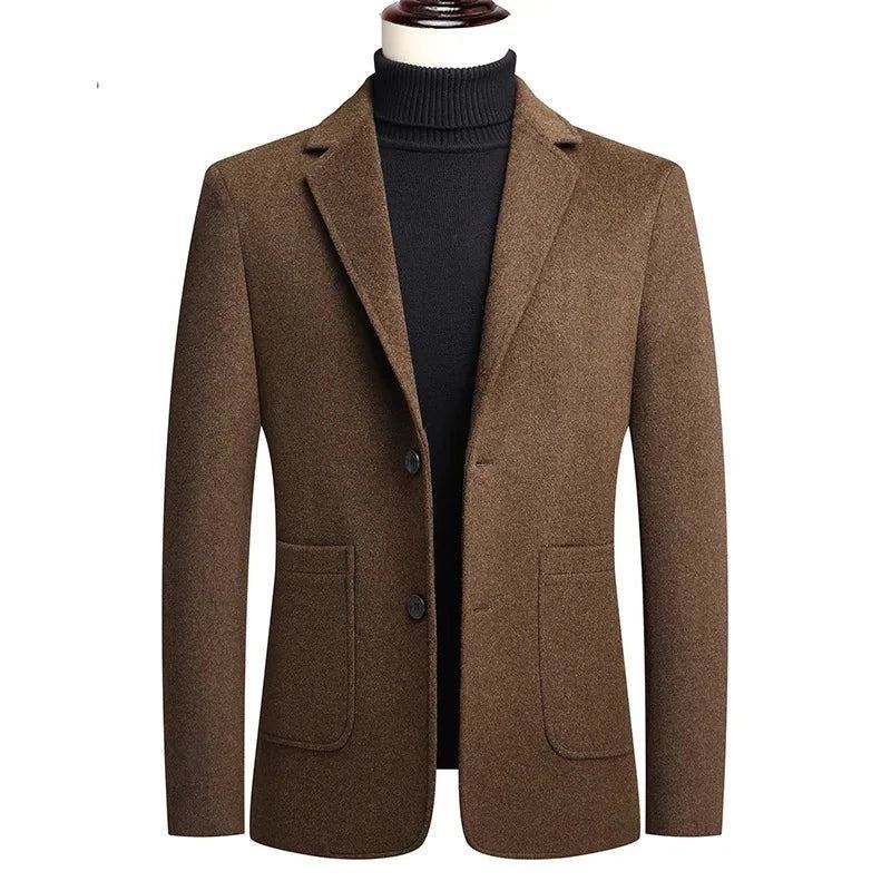 Printemps Et Automne Hommes Blazer Veste Moyen Âge Affaires Décontracté Double Boutonnage Solide Laine Costumes Manteaux - Noir