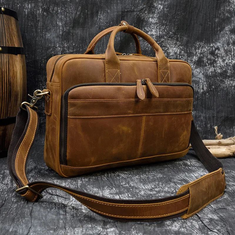 Porte-documents En Cuir Pour Hommes Sac À Main D'affaires Ordinateur Portable 15.6 Pouces Portefeuille Sac À Bandoulière - Marron