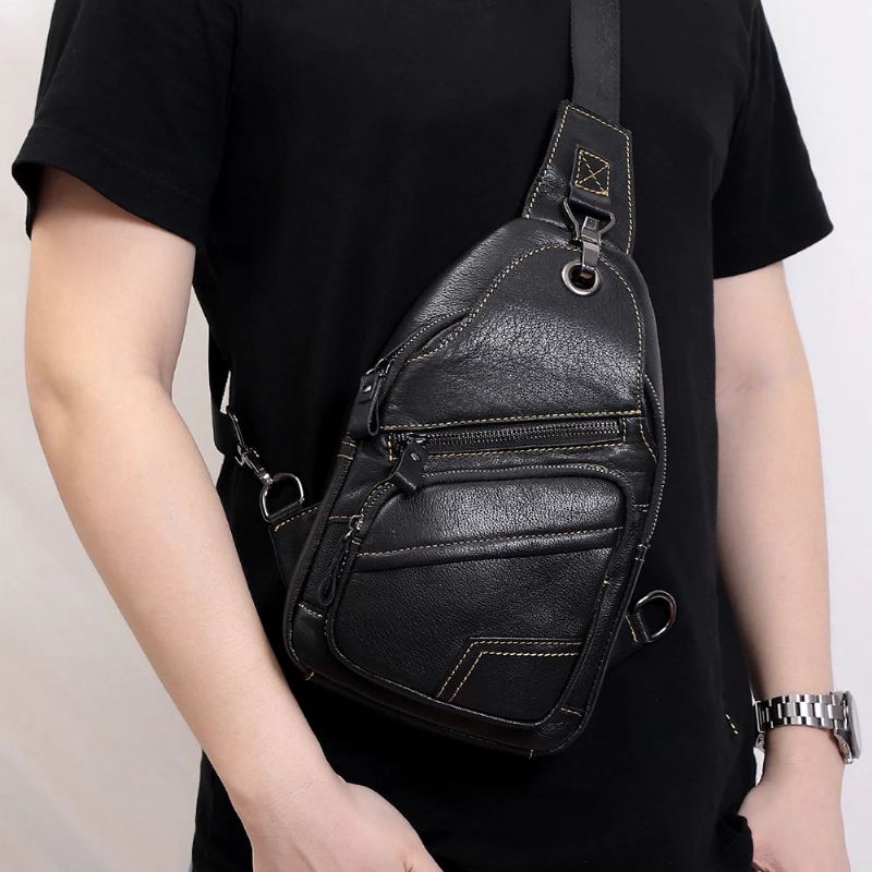 Sac À Bandoulière En Cuir Véritable Pour Hommes Sac De Poitrine Vintage Décontracté Sacs À Pack De Avec Trou Écouteurs - Noir