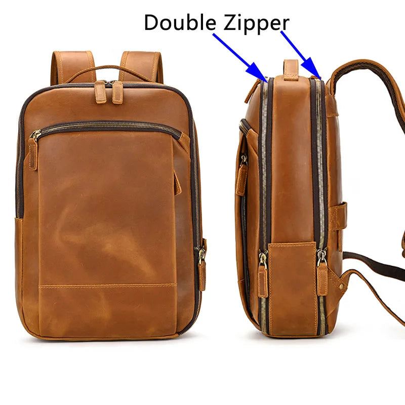 Sac À Dos En Cuir Pour Hommes Adapté À Un Ordinateur Portable De 15.6 Pouces Grand Sac À Dos De Voyage - Fermeture Éclair Simple-Noir