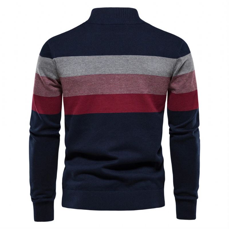 Automne Hiver Pull Tricoté Hommes Vintage Rayé Homme Fermeture Éclair Col Montant - Kaki
