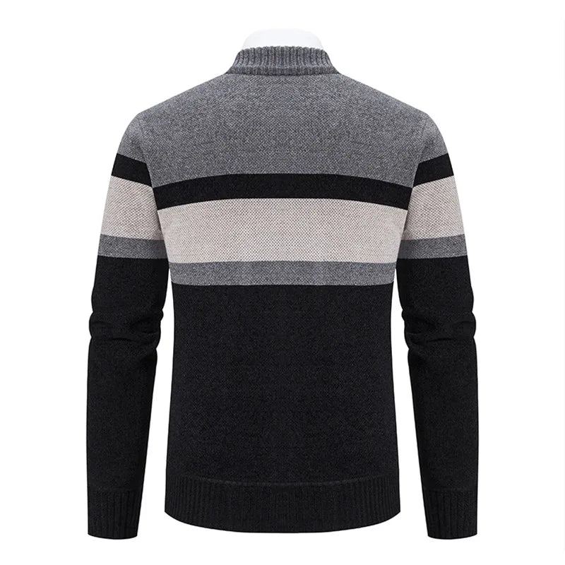 Cardigan Rayé Pour Hommes Pull Tricoté Slim Vêtements D'extérieur Col Montant Fermeture Éclair Automne Et Hiver - Rouge
