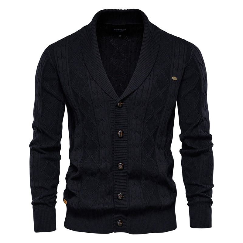 Coton Argyle Cardigan Hommes Décontracté Simple Boutonnage Solide Affaires Cardigans Hiver Pull Homme - Noir