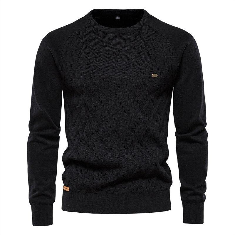 Hommes Automne Et Hiver Pull Solide Diamant Plaid Tricoté Décontracté - Noir