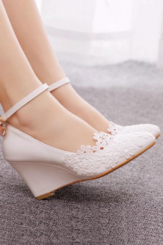Chaussures De Mariage Pour Femmes Robe De Demoiselle D'honneur Escarpins À Talons Hauts Compensés De 8cm En Dentelle Blanche À Fleurs