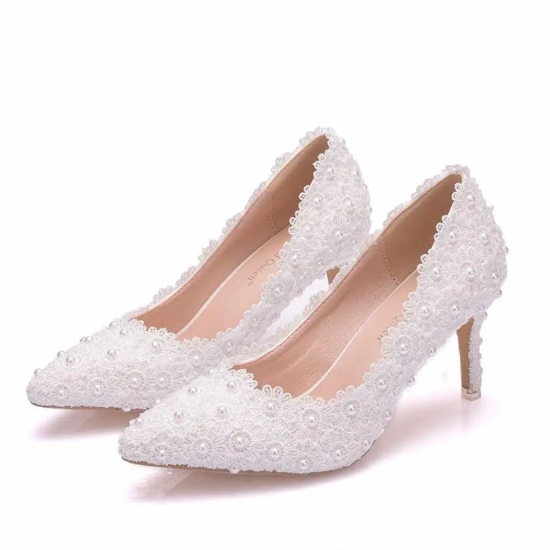 Crystal Queen – Escarpins À Talons Hauts Pour Femmes Chaussures De Mariage En Dentelle Fleurs Blanches Et Perles - Blanc